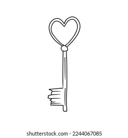 Key with heart ornament from the secret chamber heart in black isolated on white background. Hand drawn vector sketch illustration in simple doodle vintage engraved style. Love, romantic.