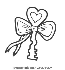 A key with a heart shape in doodle style, isolated on white background. Vector illustration of a little clue. A declaration of love and romantic feelings. For greeting card, poster, Valentine's day.