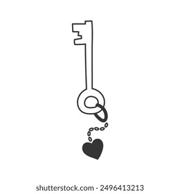 Key with Heart Shape Keychain Doodle Icon. Hand drawn isolated vector illustration