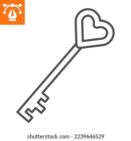 Key with heart shape line icon, outline style icon for web site or mobile app, love and valentines day, master key vector icon, simple vector illustration, vector graphics with editable strokes.