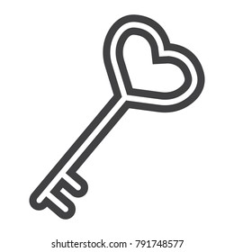 Key with heart shape line icon, valentines day and romantic, love sign vector graphics, a linear pattern on a white background, eps 10.