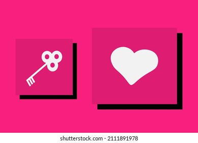 Key to the heart in a square with a shadow behind it. Vector illustration, isolated on a pink background. Can be used as a declaration of love, as a background.