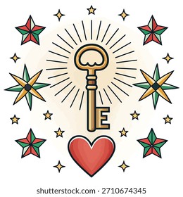 Key heart and starburst tattoo elements Keywords: key, heart, star, starburst, tattoo, design