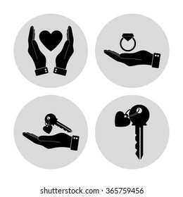 key with heart  - vector icon; set
