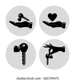 key with heart  - vector icon; set