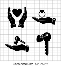 key with heart  - vector icon; set
