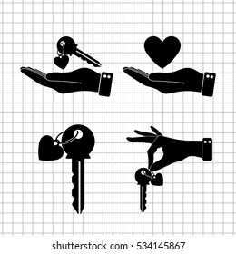key with heart  - vector icon; set
