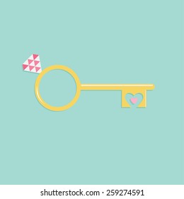 Key from heart wedding engagement ring with pink diamond Flat design Vector illustration
