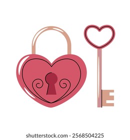 Key with heart-shaped lock in flat cartoon style. Closed heart on white background. Vector illustration for Valentine's day cards, stickers, banners, etc.