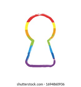 Schlüsselloch der Tür oder des Schlosses, Rahmenkonstruktion. Zeichnungszeichen im LGBT-Stil, sieben Farben des Regenbogens (rot, orange, gelb, grün, blau, indigo, violett