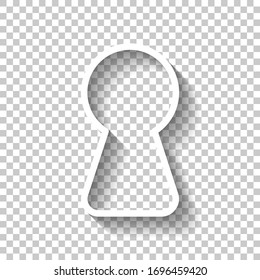 Key hole of door or lock, outline design. White icon with shadow on transparent background