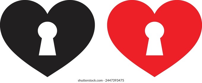 Icono del corazón del agujero de la llave fijado en los colores negros y rojos . Corazón con icono de ojo de cerradura . Llave del símbolo del amor . Icono de candado en forma de corazón Vector