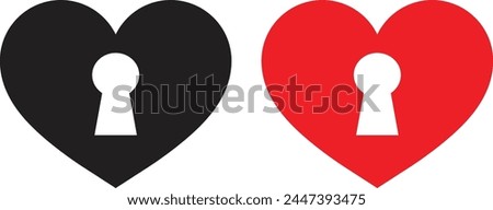 Key hole heart icon set in black and red colors . Heart with keyhole icon . Key of love symbol . Heart shaped padlock icon vector