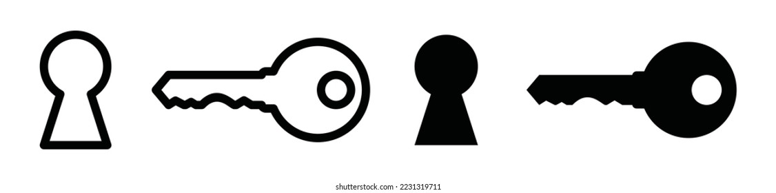 Key hole icon set. Key and keyhole in flat and outline style. Door lock symbol, vector illustration