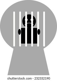 Key hole vision of man in the prison. Draw in black, white, grey color