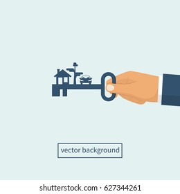 Key home in hand man. Vector illustration flat design. Template for sale, rent home, advertising. Key new life, silhouette. Sign in house.