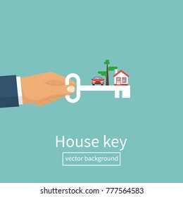 Key home in hand man. Vector illustration flat design. Template for sale, rent home, advertising. Key new life, silhouette. Sign in house.