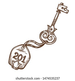 Key hotel room isolated sketch opener and trinket with number vector apartment or flat access device real estate metal object with curls. or swirls and crown monochrome drawing dwelling opening tool