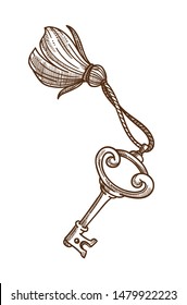 Key hotel room isolated sketch, opener and trinket with tassel vector. Apartment or flat access device, real estate, metal object with curves. Dwelling and wardrobe or drawer opening tool drawing