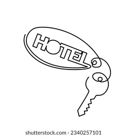 Key for hotel room with keychain. Continuous one line drawing. Icon of door key. Vector illustration. Concept hotel services logo.