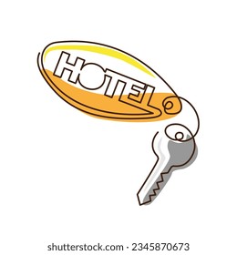 Key for hotel room with keychain. Continuous one line drawing. Icon of door key. Vector illustration. Concept hotel services logo. Colored single line art