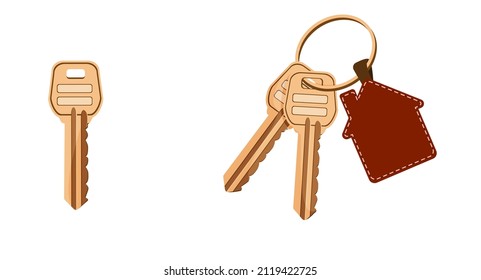 The key to the house. Bunch of keys. Keys with a keychain in the form of a house. Buying a house, investment. Isolated on white background. Flat style. Vector illustration