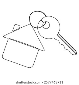 Key with house continuous one line art drawing. Private security symbol. Real estate concept. Vector illustration isolated on white.
