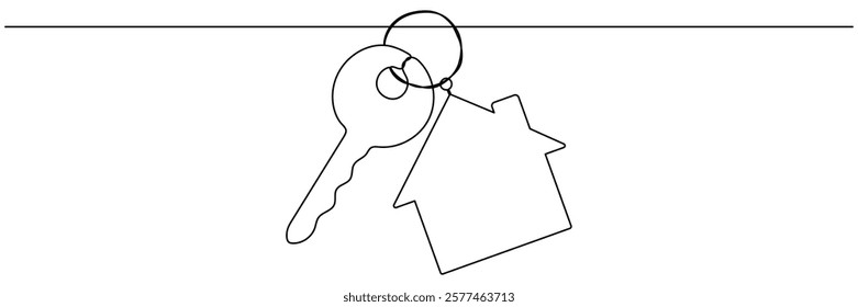 Key with house continuous one line art drawing. Private security symbol. Real estate concept. Vector illustration isolated on white.