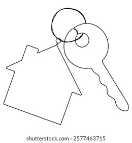 Key with house continuous one line art drawing. Private security symbol. Real estate concept. Vector illustration isolated on white.