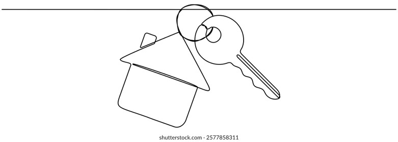 Key with house continuous one line art drawing. Private security symbol. Real estate concept. Vector illustration isolated on white.