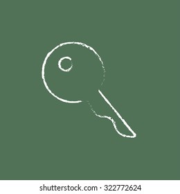 Key for house hand drawn in chalk on a blackboard vector white icon isolated on a green background.