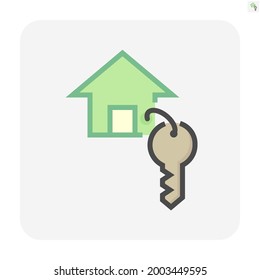 Schlüssel zu Haus, Haus oder Wohnung Vektorsymbol. Die Schlüsselkette, der Schlüsselring oder der Haufen Schlüssel für Sicherheit, Sicherheit durch Blockiertür des Gebäudes. Auch Geschäftskonzept des Verkaufs von Immobilien oder Immobilien. 64 x 64 Pixel.