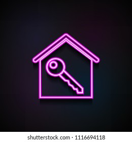 key in the house icon. Element of Minimalistic  icons for mobile concept and web apps. Neon key in the house icon can be used for web and mobile on dark gradient background