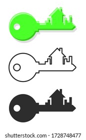 Key and house icon set. Outline thin line flat illustration. Isolated on white background. 