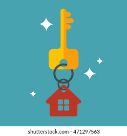 Key with house illustration on background with stars