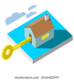Diseño isométrico de la casa clave, Diseño de símbolos del concepto de negocio inmobiliario y inmobiliario. Ilustración vectorial.
