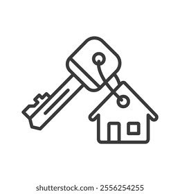 Key with house keychain, icon in line design. Key, house, keychain, home, lock, security, ownership on white background vector. Key with house keychain editable stroke icon