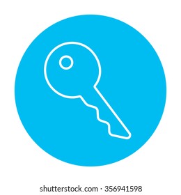 Key for house line icon for web, mobile and infographics. Vector white icon on the light blue circle isolated on white background.