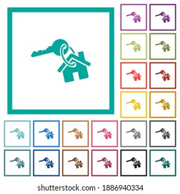 Key and house on keyring flat color icons with quadrant frames on white background