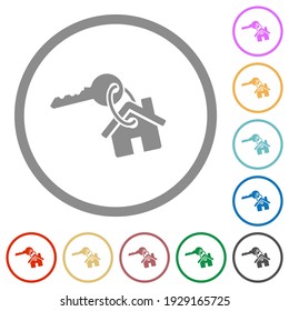 Key and house on keyring flat color icons in round outlines on white background
