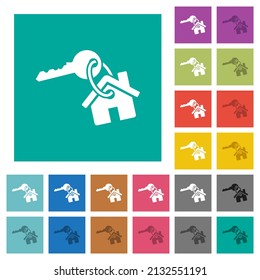 Key and house on keyring multi colored flat icons on plain square backgrounds. Included white and darker icon variations for hover or active effects.