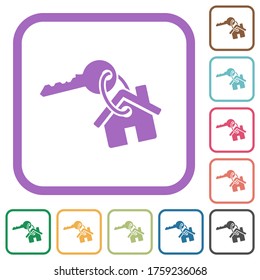 Key and house on keyring simple icons in color rounded square frames on white background