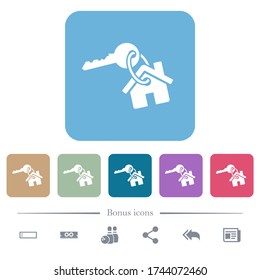 Tecla y casa en los iconos planos blancos del anillo de claves en los fondos cuadrados redondeados de color. 6 iconos de bonificación incluidos