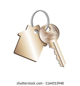 Key house on the ring with a key fob, rental of property, concept of sale purchase of real estate