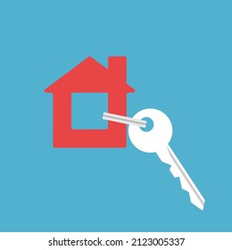 Key with house shaped keychain. Home ownership, real estate, security, relocation and new apartment concept. Flat design. Vector illustration. EPS 8, no gradients, no transparency