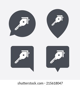 Key from the house sign icon. Unlock tool symbol. Map pointers information buttons. Speech bubbles with icons. Vector