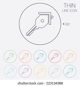 Key from the house sign icon. Unlock tool symbol. Thin line circle web icons with outline. Vector
