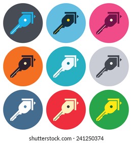Key from the house sign icon. Unlock tool symbol. Colored round buttons. Flat design circle icons set. Vector