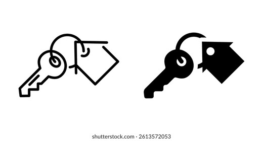 Key with house tag icon for retail use. Linear and silhouette style.
