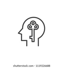 Key in human head outline icon. linear style sign for mobile concept and web design. Open mind simple line vector icon. Unlock symbol, logo illustration. Pixel perfect vector graphics